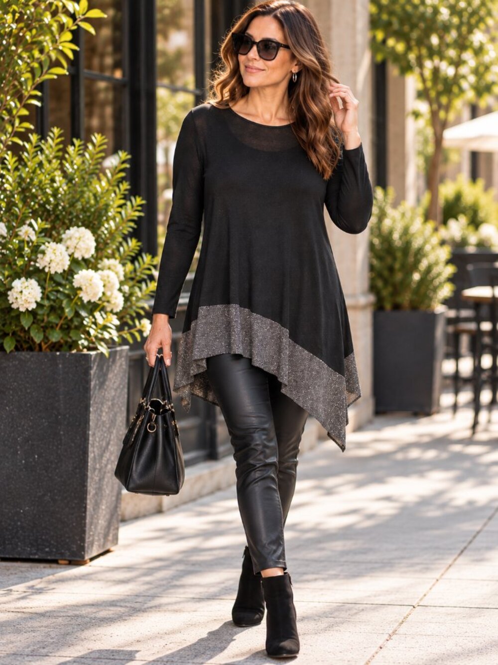 Eileen Fisher Black Metallic Shiny Hem Tunic Top, Size XL